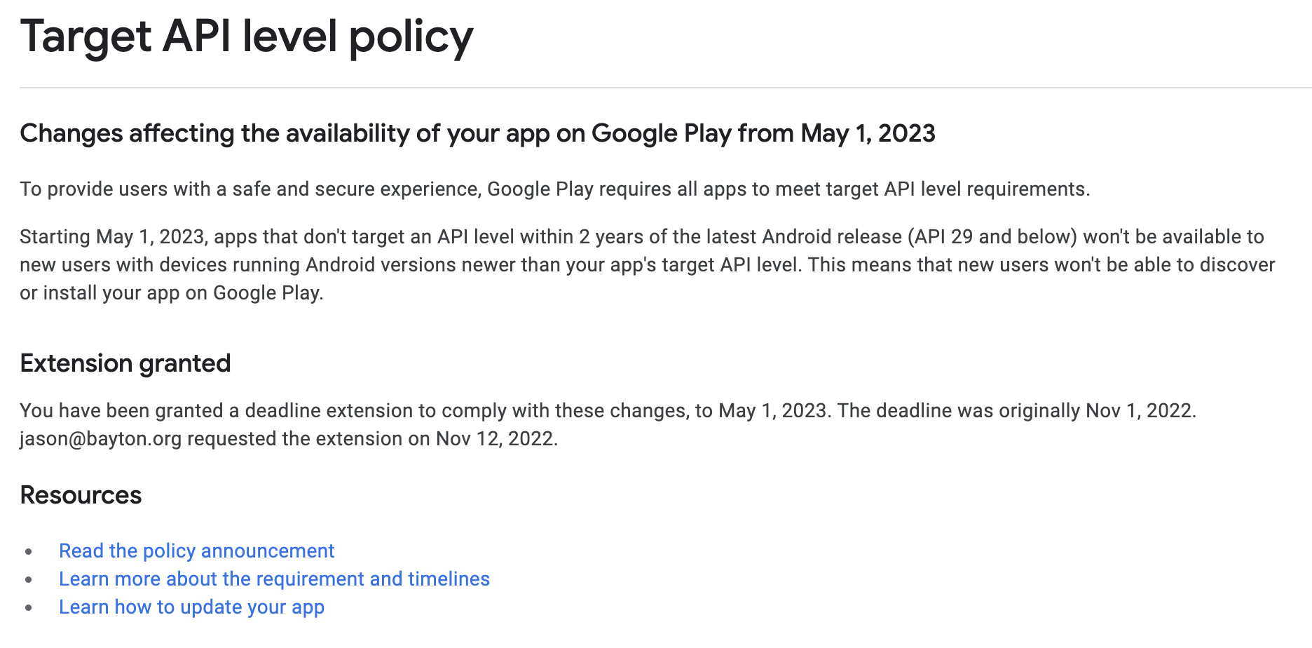 Screenshot of Google Play console extension granted