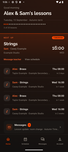 The same home dashboard in the dark theme