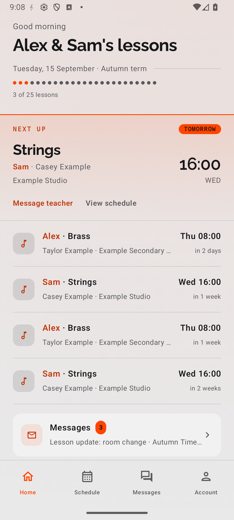 Home dashboard showing the next lesson, an upcoming lessons list and an unread messages banner, in the light theme, on seeded mock data