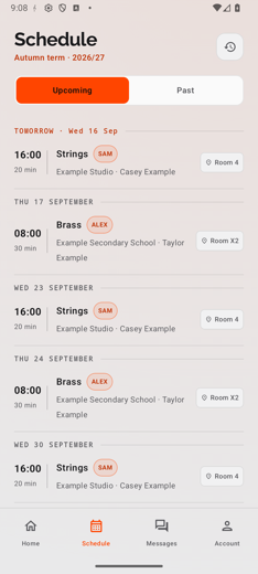 Lesson schedule grouped by term, with upcoming and past tabs